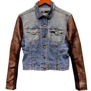 John Eshaya JET Denim & Leather Trucker Jean Jacket Womens Size P/S Retro